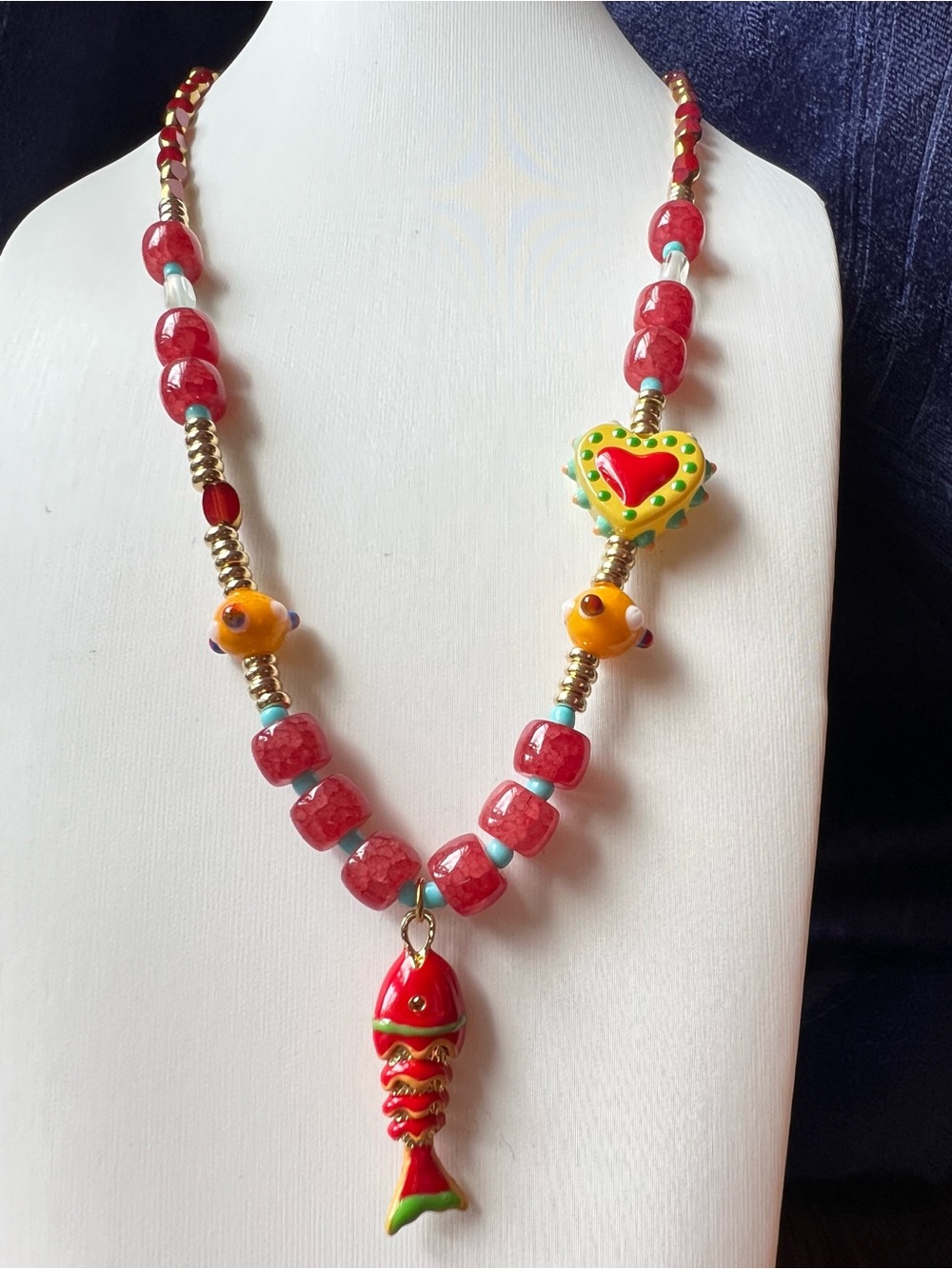 Red Beaded Resin Necklace with Fish and Heart Charms NWOT